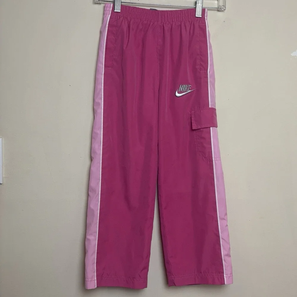 Vtg Y2K Nike Track Pants Logo Size 6 Kids Pink Cargo Mesh Lined
